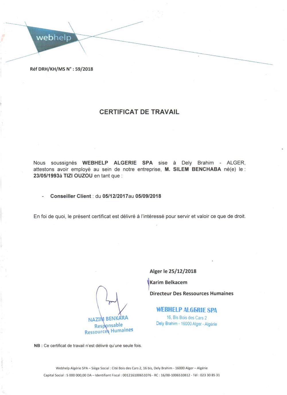Certificat de travail 