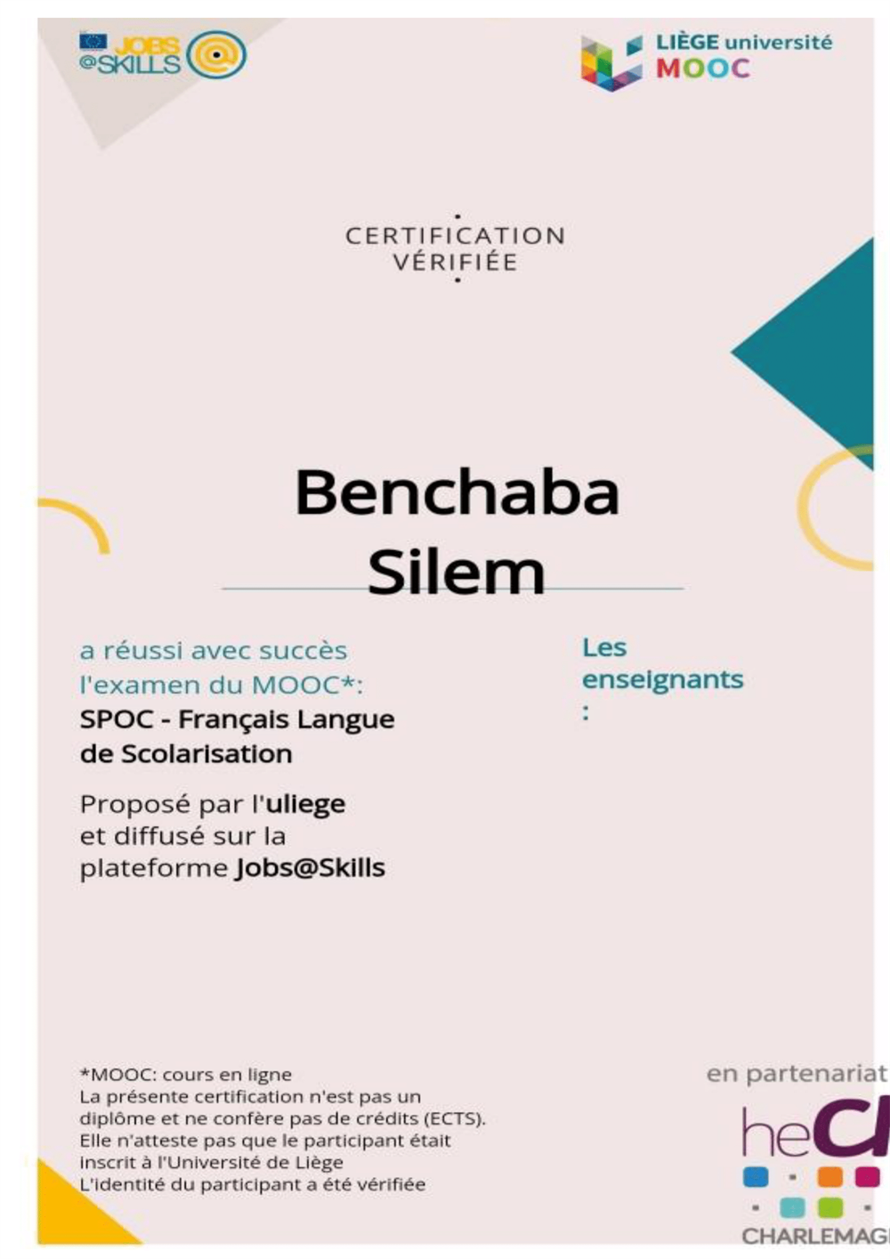 Сертификат. Francais Langue de Scolarisation 