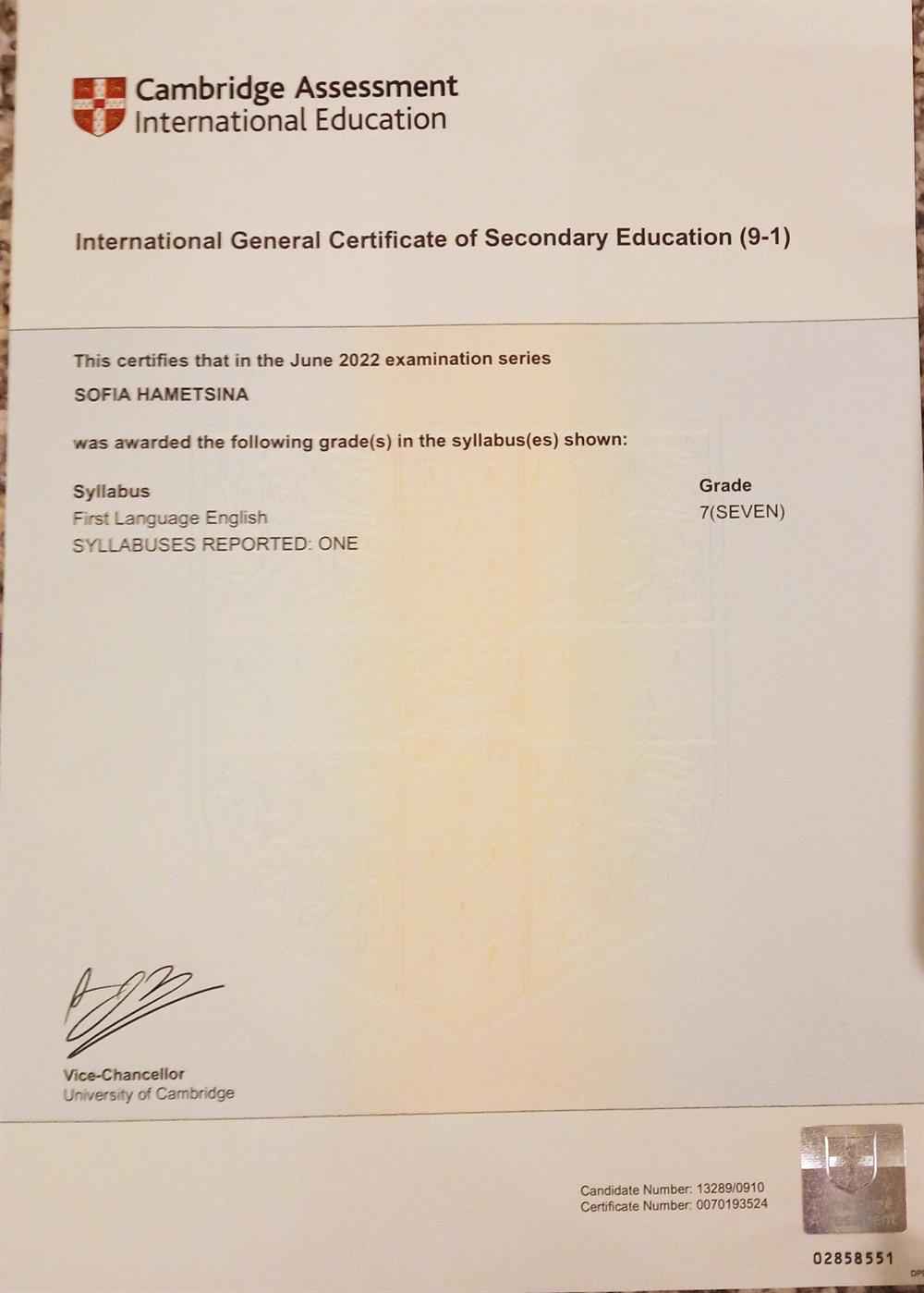 Сертификат. IGCSE English as a first language 