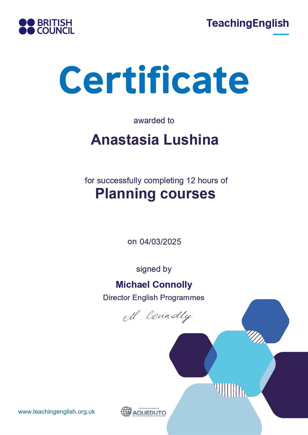 Сертификат. Planning courses - British Council