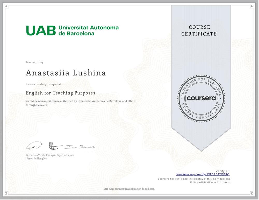 Сертификат. English for Teaching Purposes - Universitat Autonoma de Barcelona