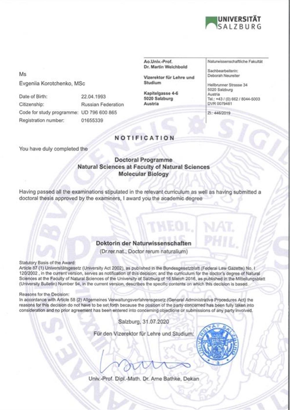 Dr. rer. nat. Certificate
