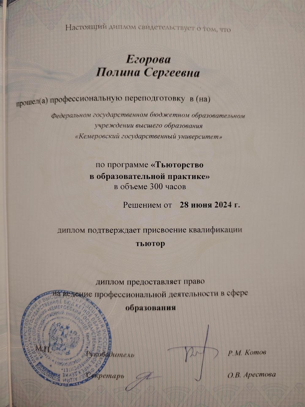 Диплом о профессиональной переподготовке. Программа - тьюторство в образовательной практике.