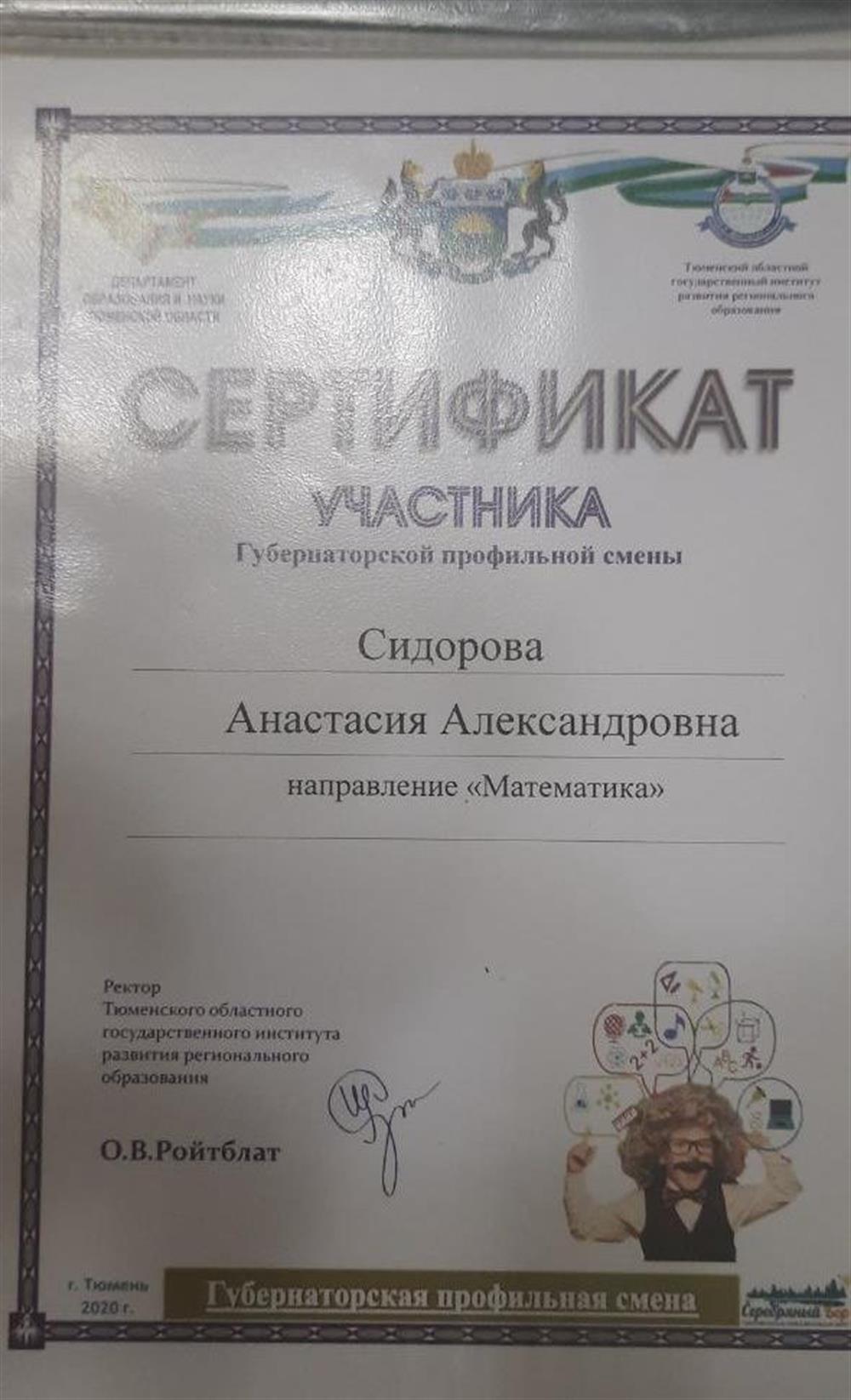 Сертификат участника. Губернаторской профильной смены направление «Математика»