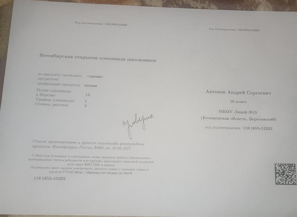 Диплом призёра Всессибирской открытой Олимпиады школьников