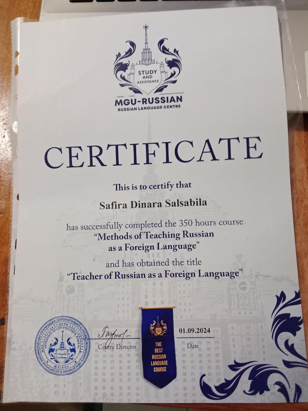 Сертификат Teacher of Russian as a Foreign language