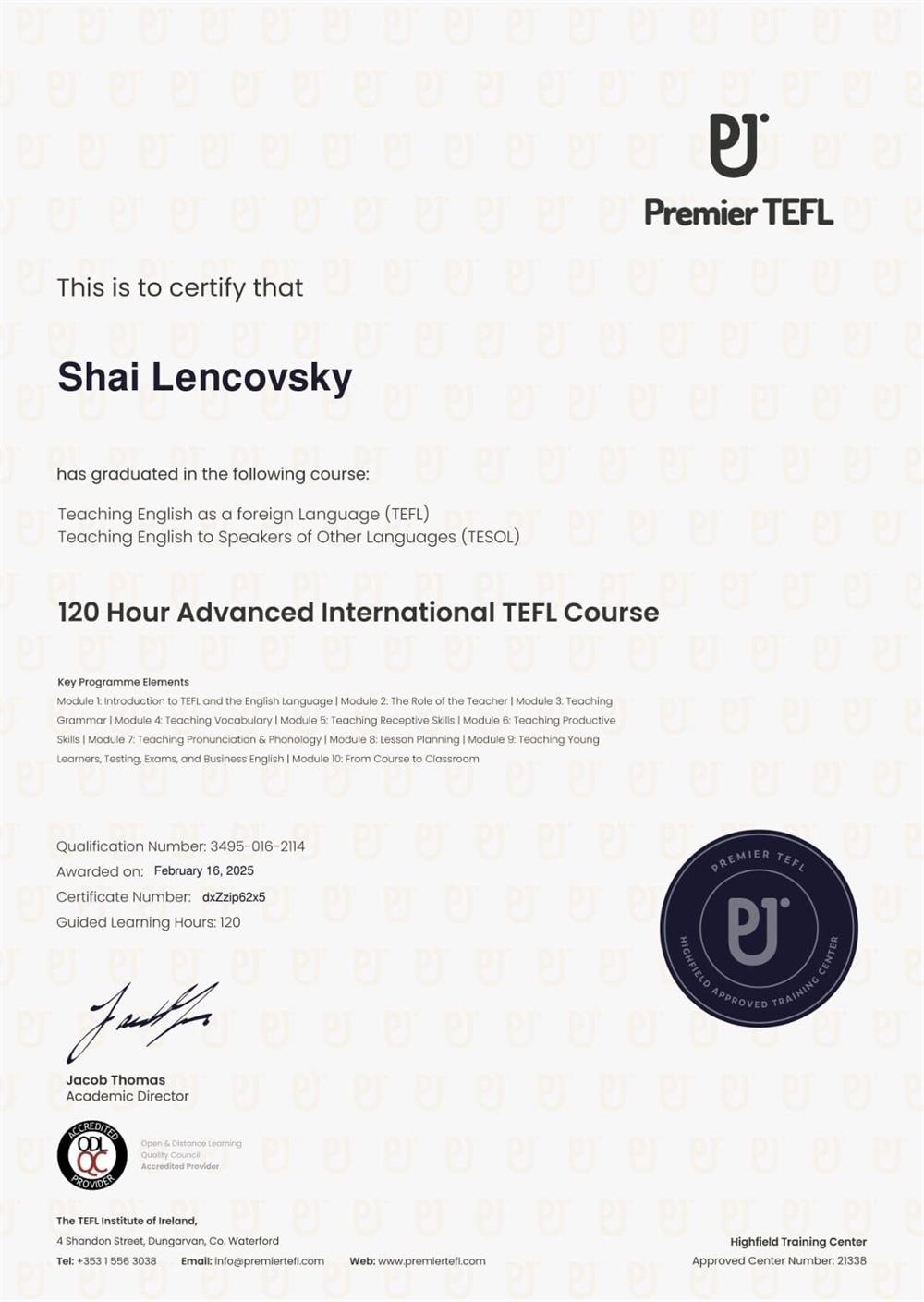 Сертификат. Advanced International TEFL