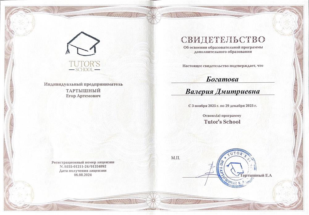 Свидетельство об освоении образовательной программы дополнительного образования