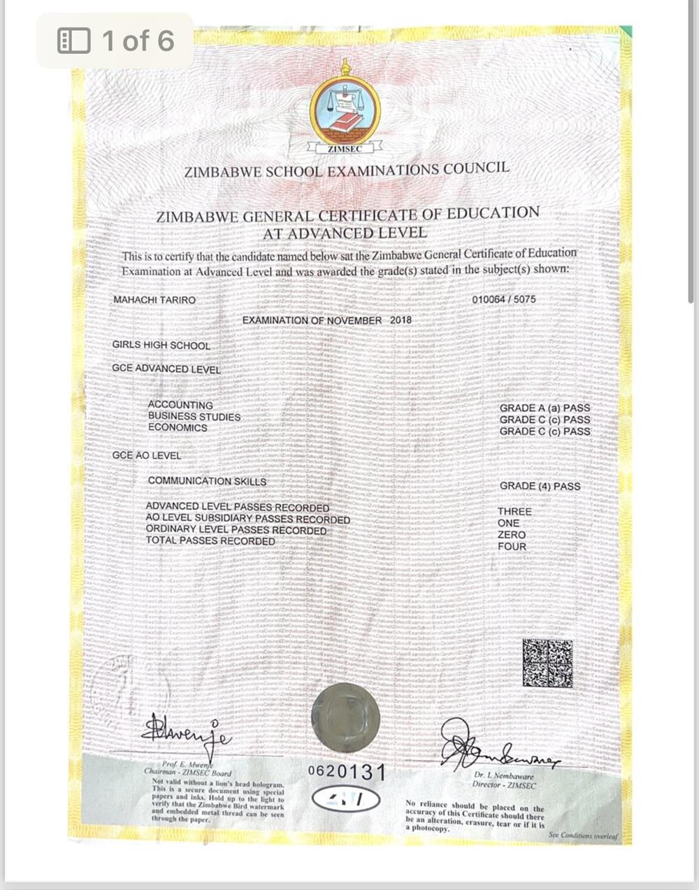 School certificate with proof that I passed English language 