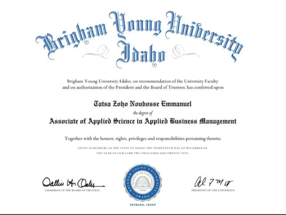 Associate of Applied Science in Applied Business Management.

From Brigham Young University, Idaho, USA