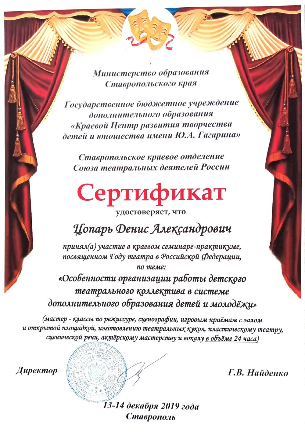 Сертификат - Театральный семинар