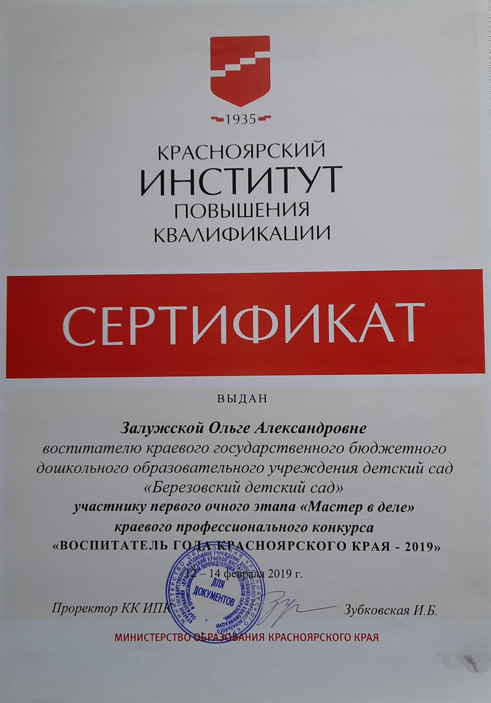 Участник первого этапа краевого конкурса "Воспитатель года" 2019