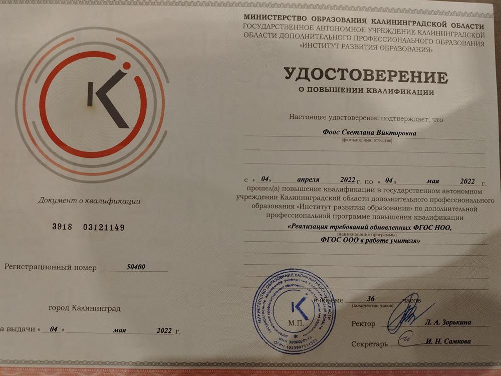 Удостоверение. Реализация требований обновлений по ФГОС НОО, ФГОС ООО в работе учителя 