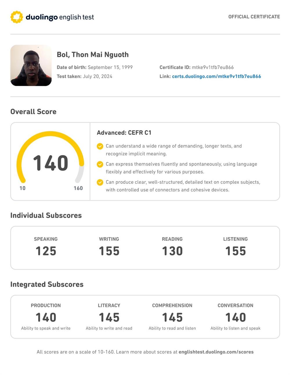 Сертификат. Duolingo English Test - Advanced CEFR C1