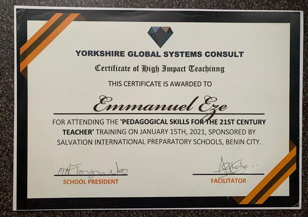 Сертификат teacher's training certificate 