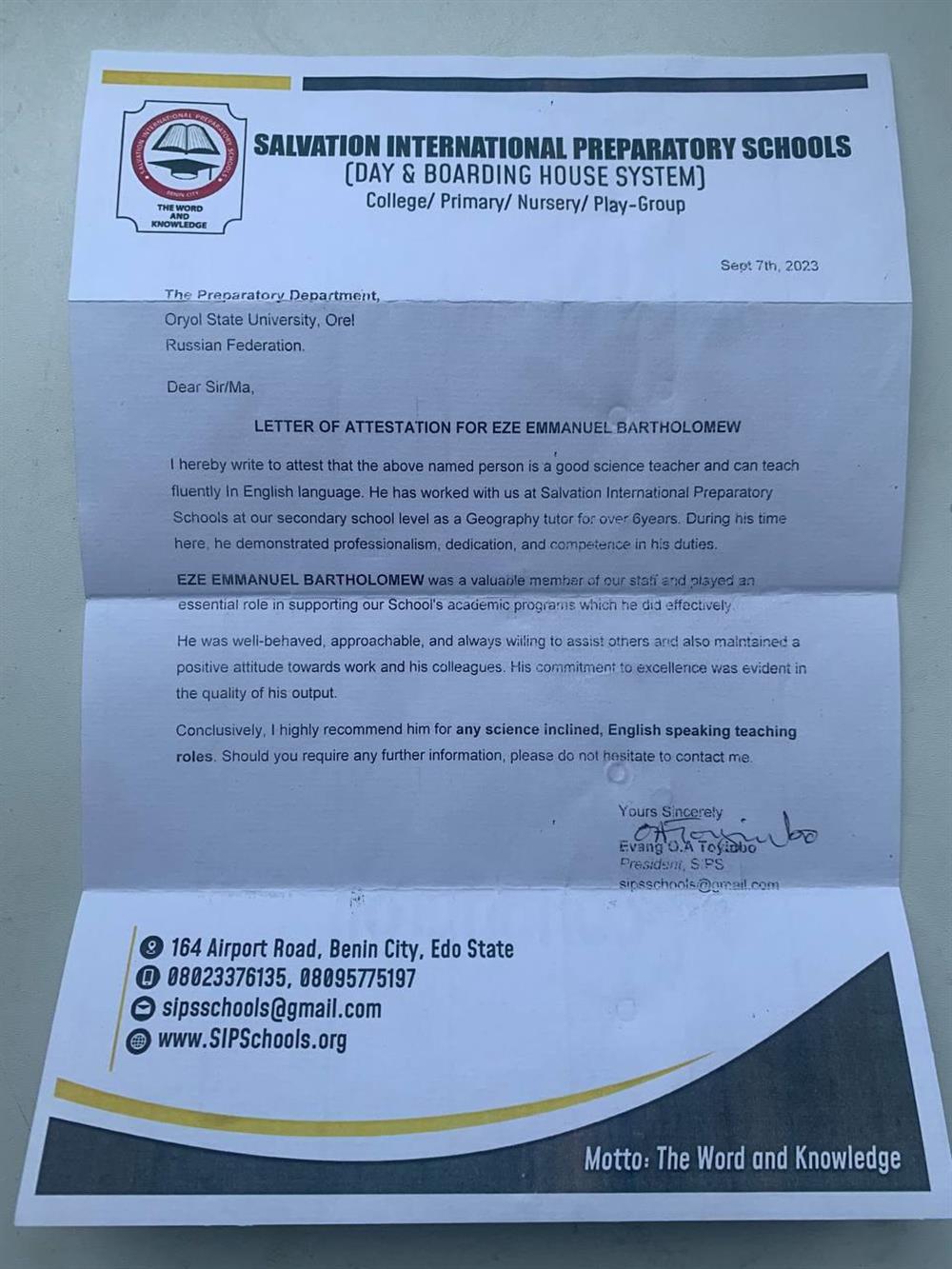 Attestation to proficiency in English language and teaching experience