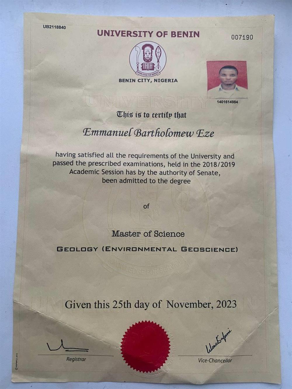 M.sc certificate