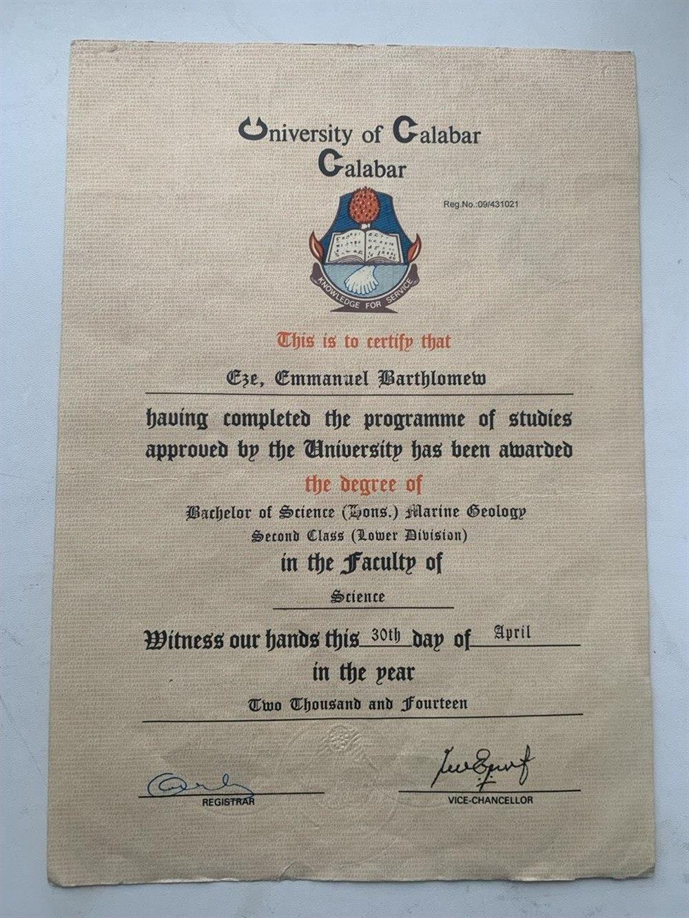 B.sc certificate