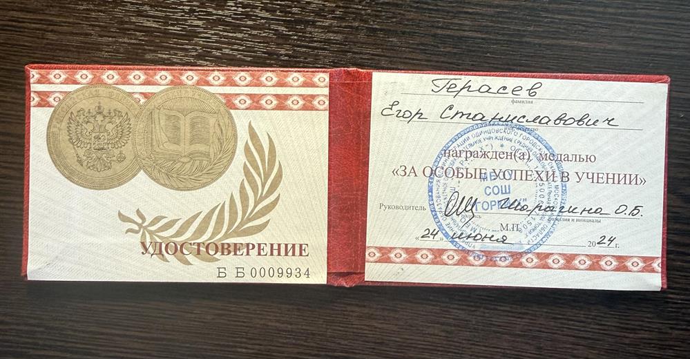 Удостоверение «За особые успехи в учении» (Золотая медаль).