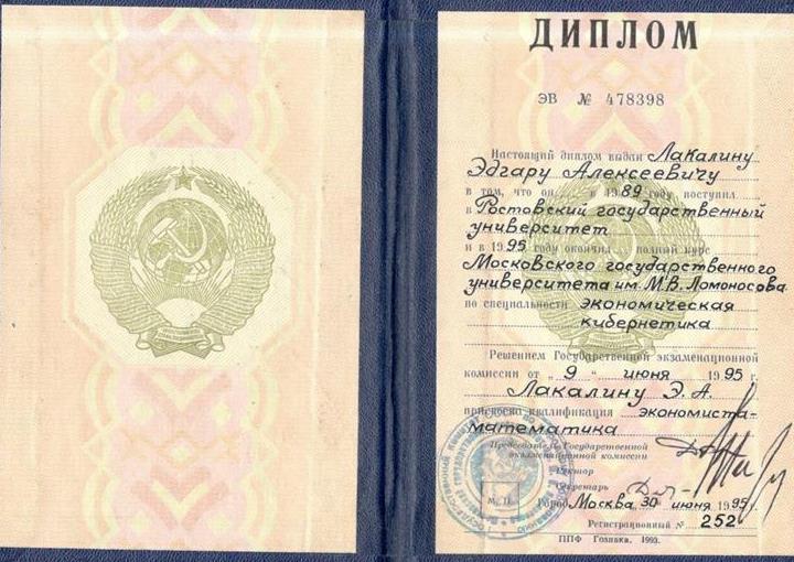 Диплом об окончании экономического факультета МГУ