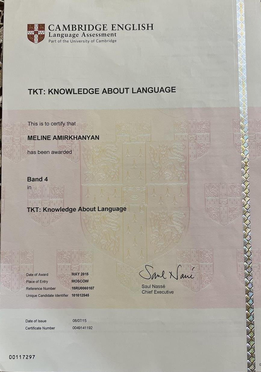 Сертификат. TKT Knowledge about language