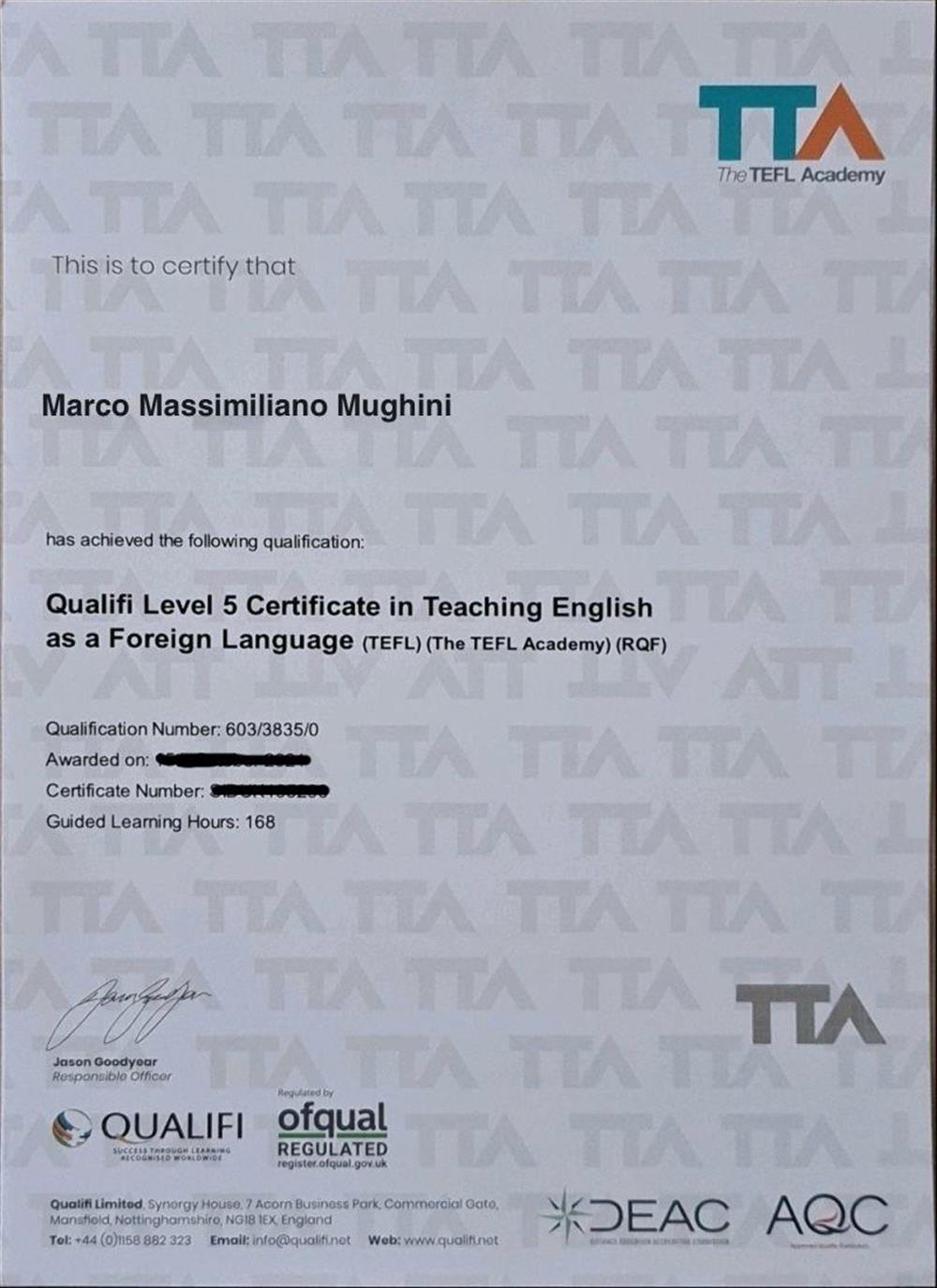 Сертификат. TEFL Level 5 Diploma