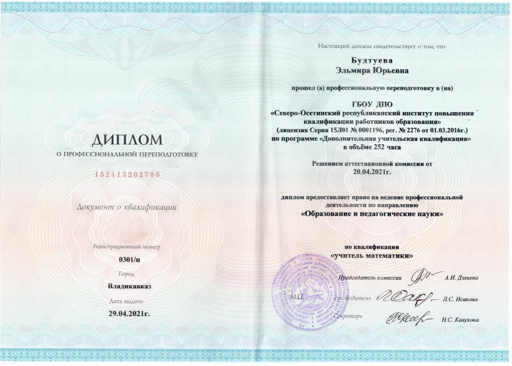 Диплом Учитель математики