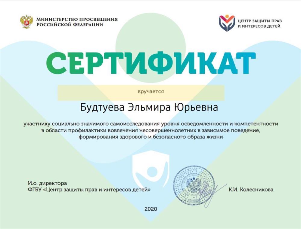 Сертификат Профилактика вовлечения 2020 Будтуева Эльмира