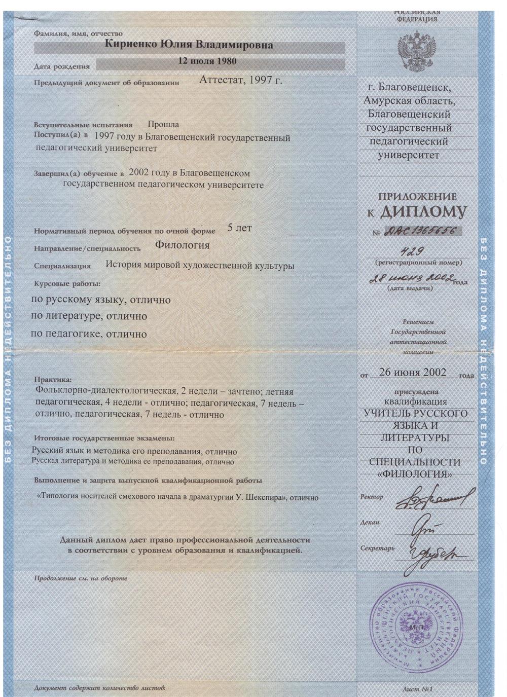 К Диплому по Филологии первая страница вкладыша