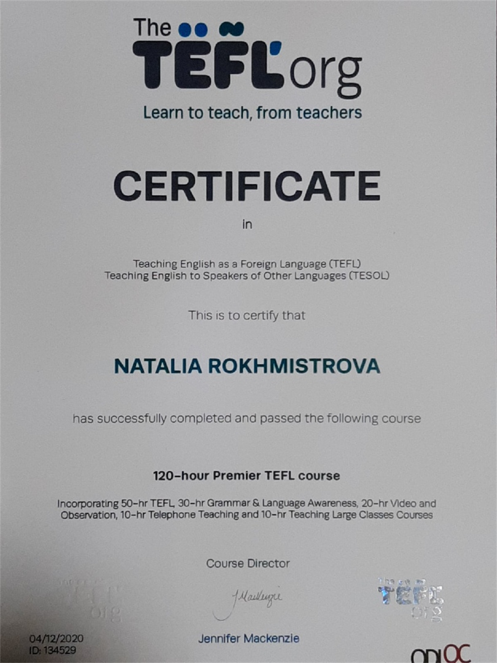 Certificate in Teaching English as a Foreign Language
120-hour Premier course