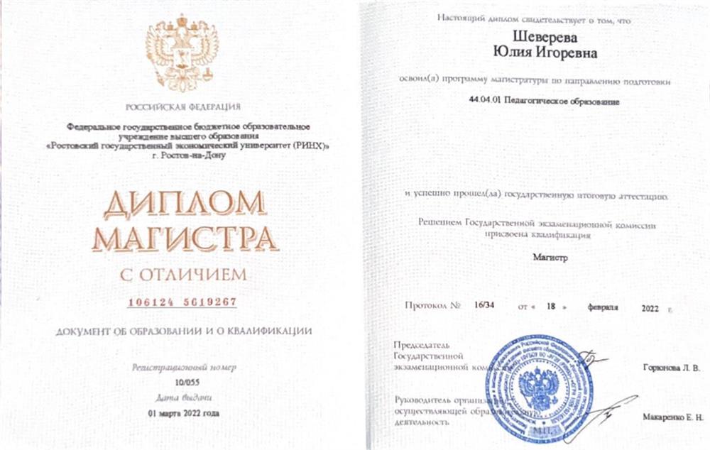 Диплом магистра с отличием РГЭУ РИНХ