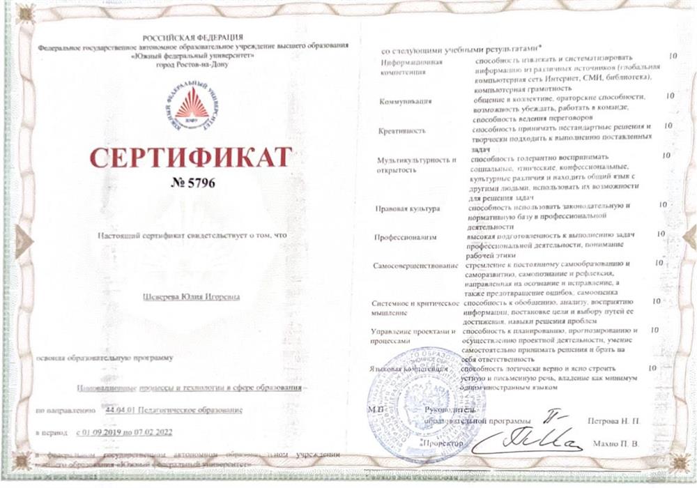 Сертификат об освоении образовательной программы Инновационные процессы и технологии в сфере образования по направлению 44.04.01 в период с 01.09.2019 по 07.02.2022
