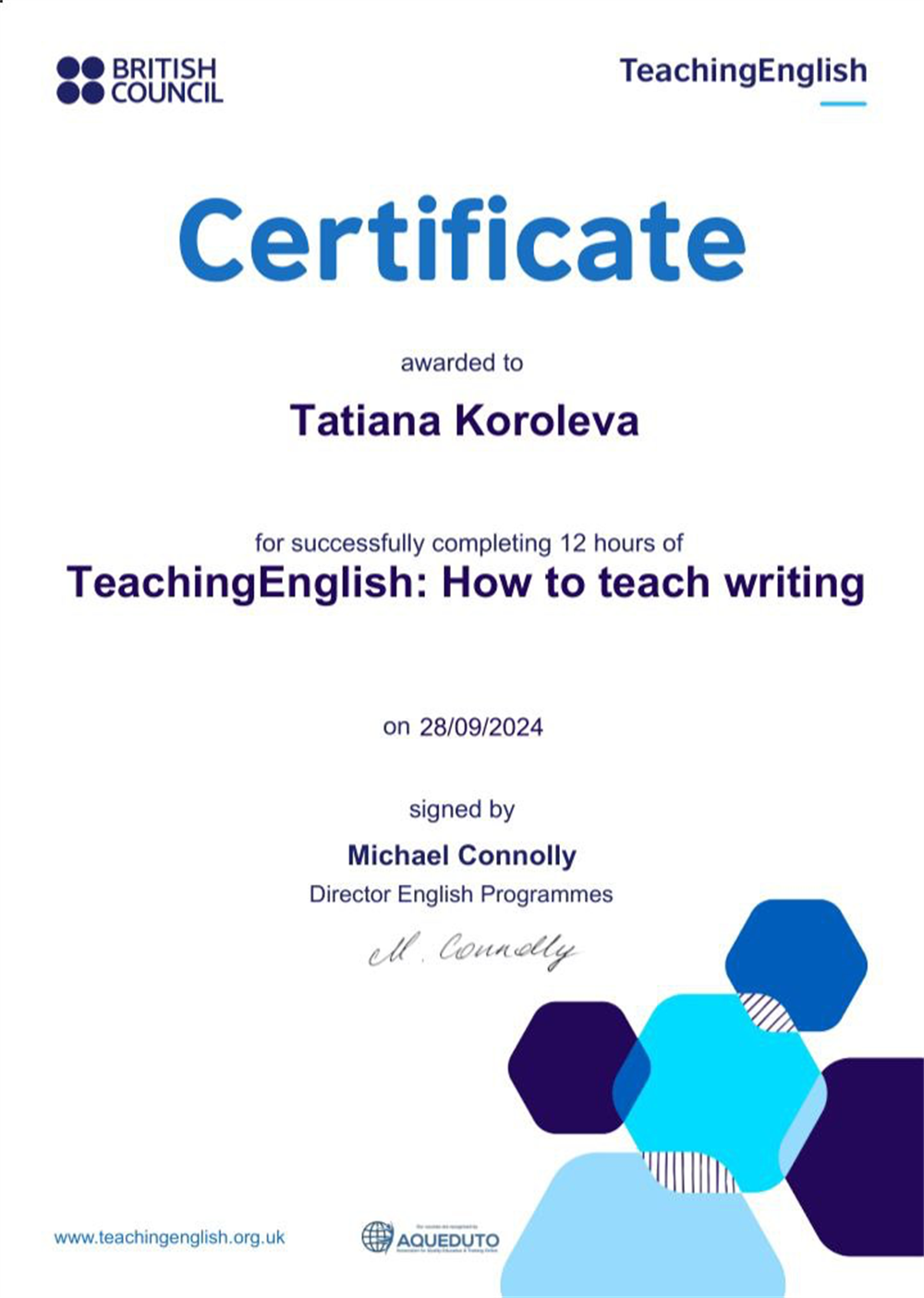 Сертификат о прохождении обучения методики преподавания письма