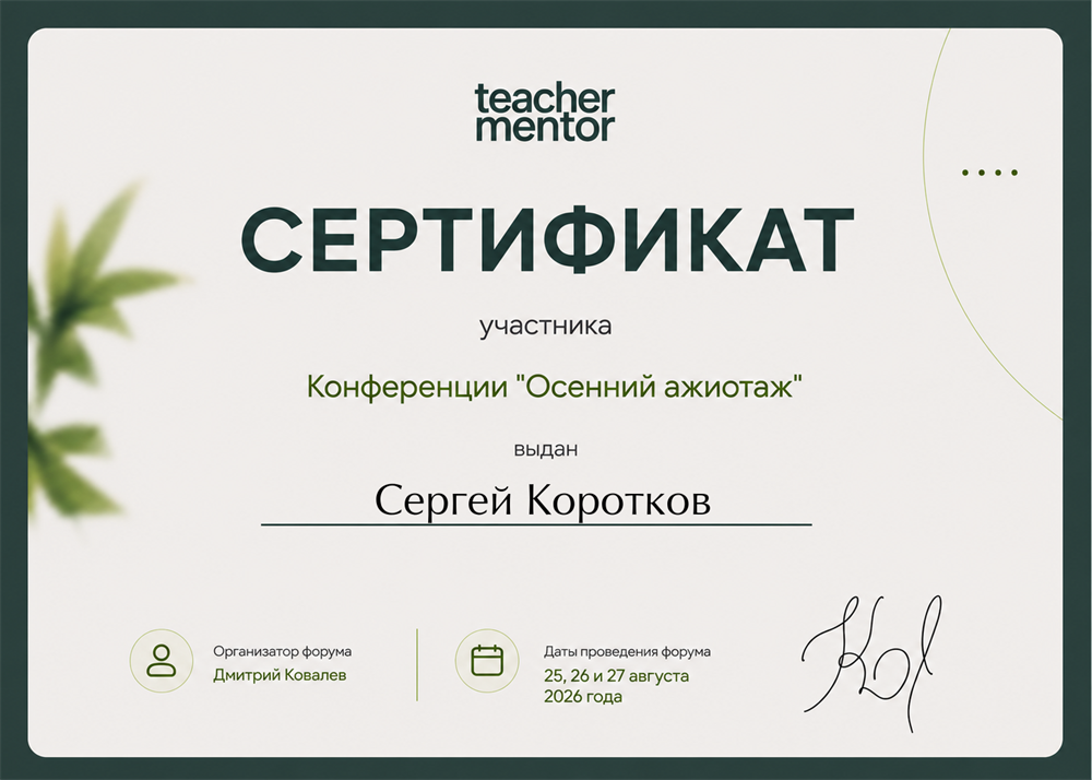 Сертификат участника педагогической конференции "Осенний ажиотаж" 