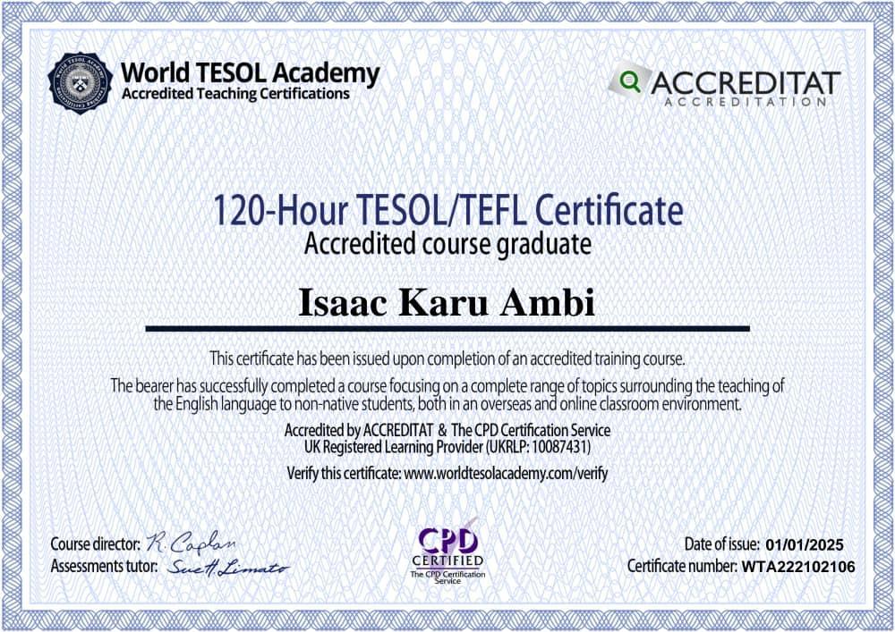 Isaac Ambi TESOL certificate