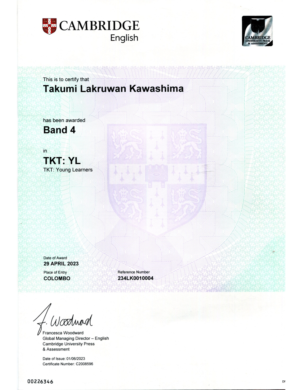 Сертификат Cambridge TKT YL Band 4