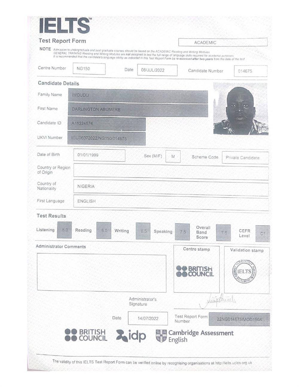 Сертификат IELTS Result