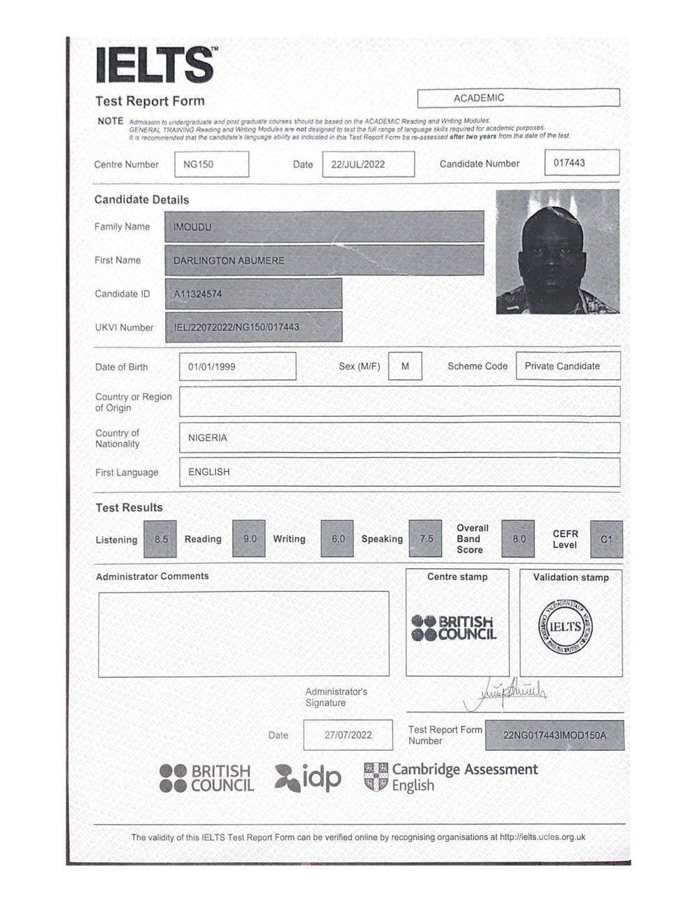 Сертификат IELTS Result