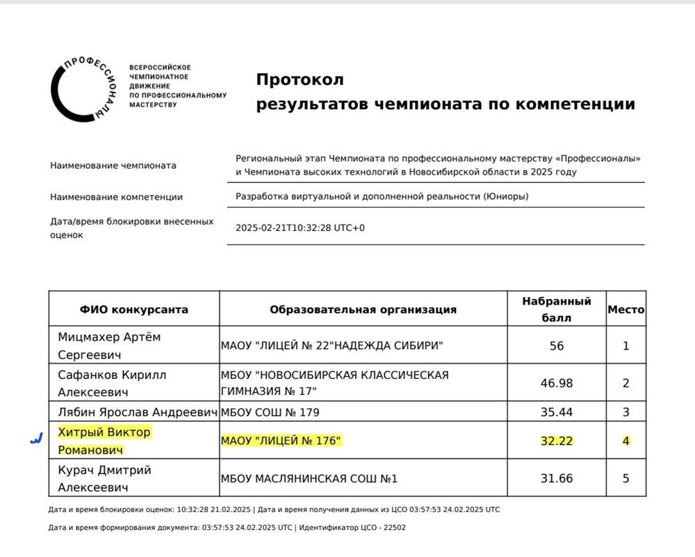 Ученик 8 класс, Олимпиада, 4 место, 2025 г