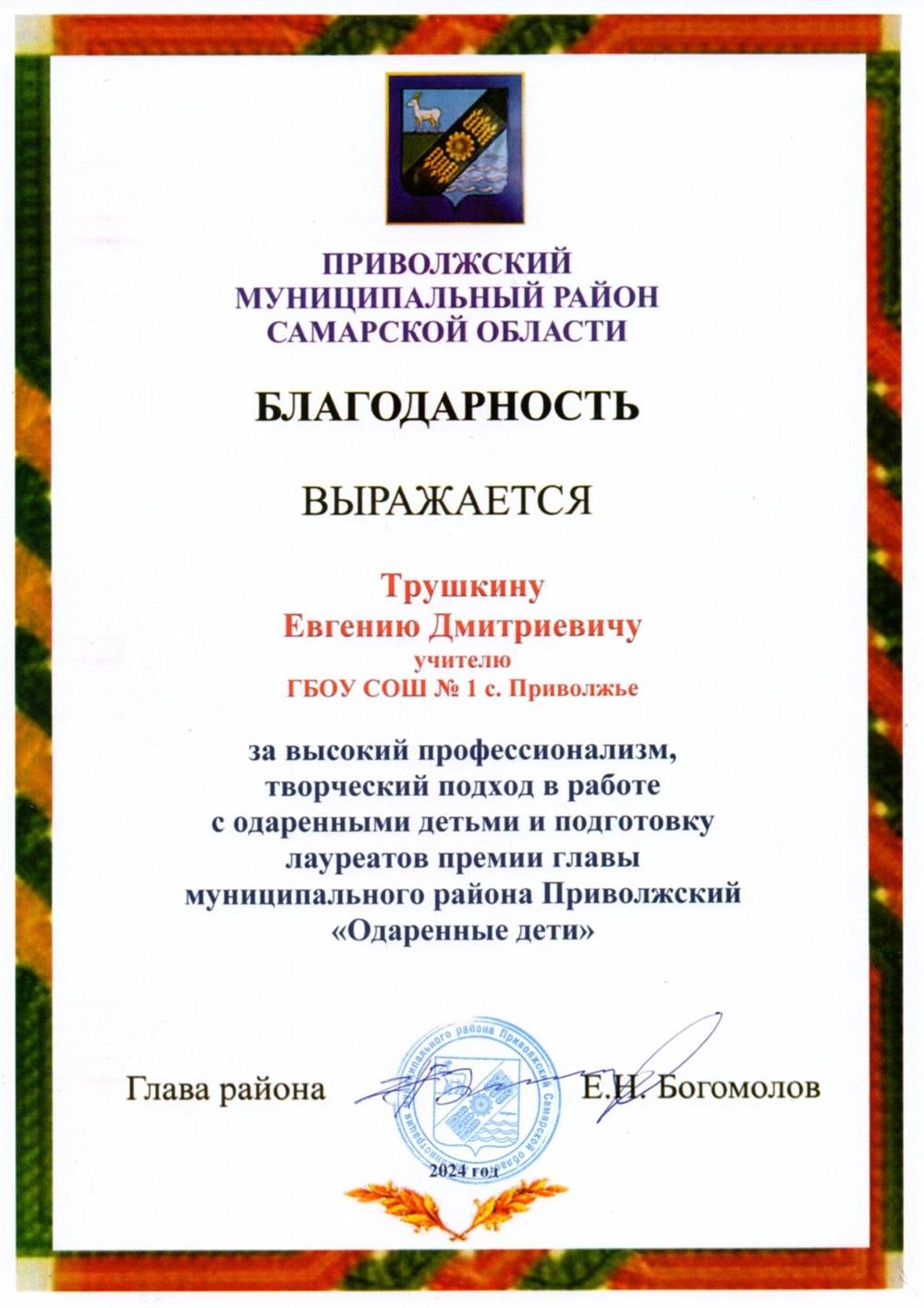 Благодарственное письмо за высокий профессионализм, творческий подход в работе с одаренными детьми и подготовку лауреатов премии главы муниципального района Приволжский «Одаренные дети»