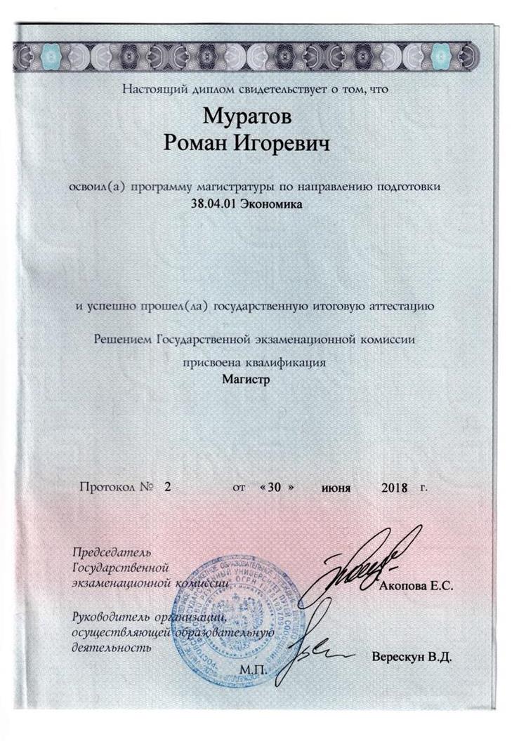 Диплом магистра по экономике