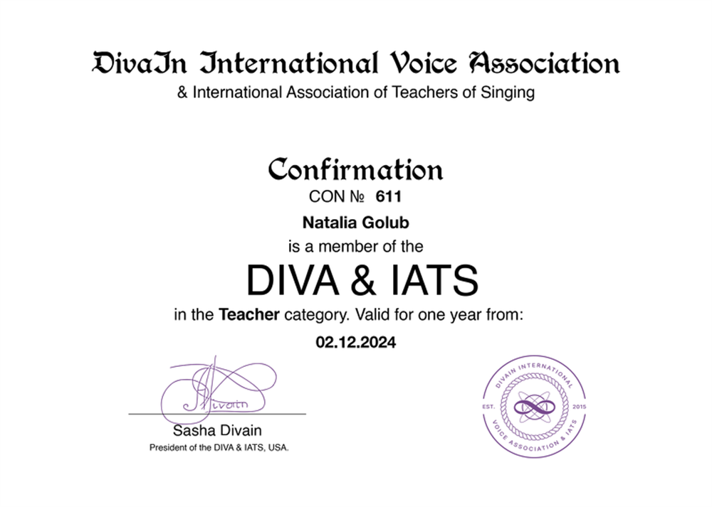 Член Международной Ассоциации Педагогов по вокалу в DIVA&IATS