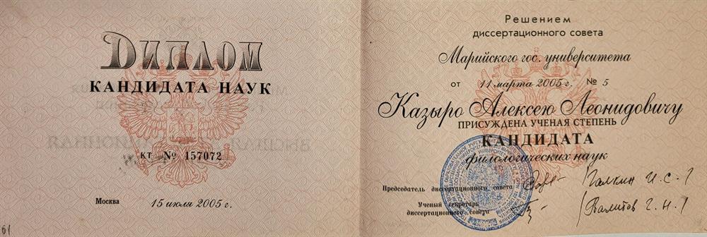 Диплом кандидата филологических наук