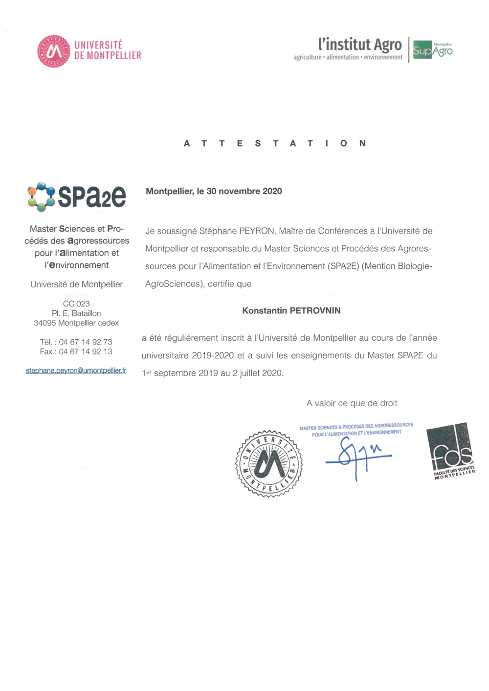 Attestation de M1 a l'Universite de Montpellier