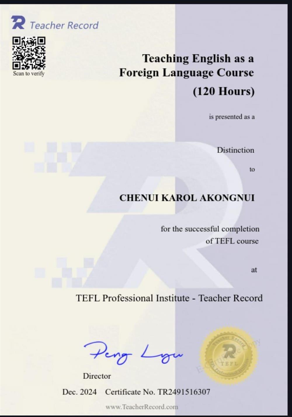 TEFL Certificate from  Teacher's Record

