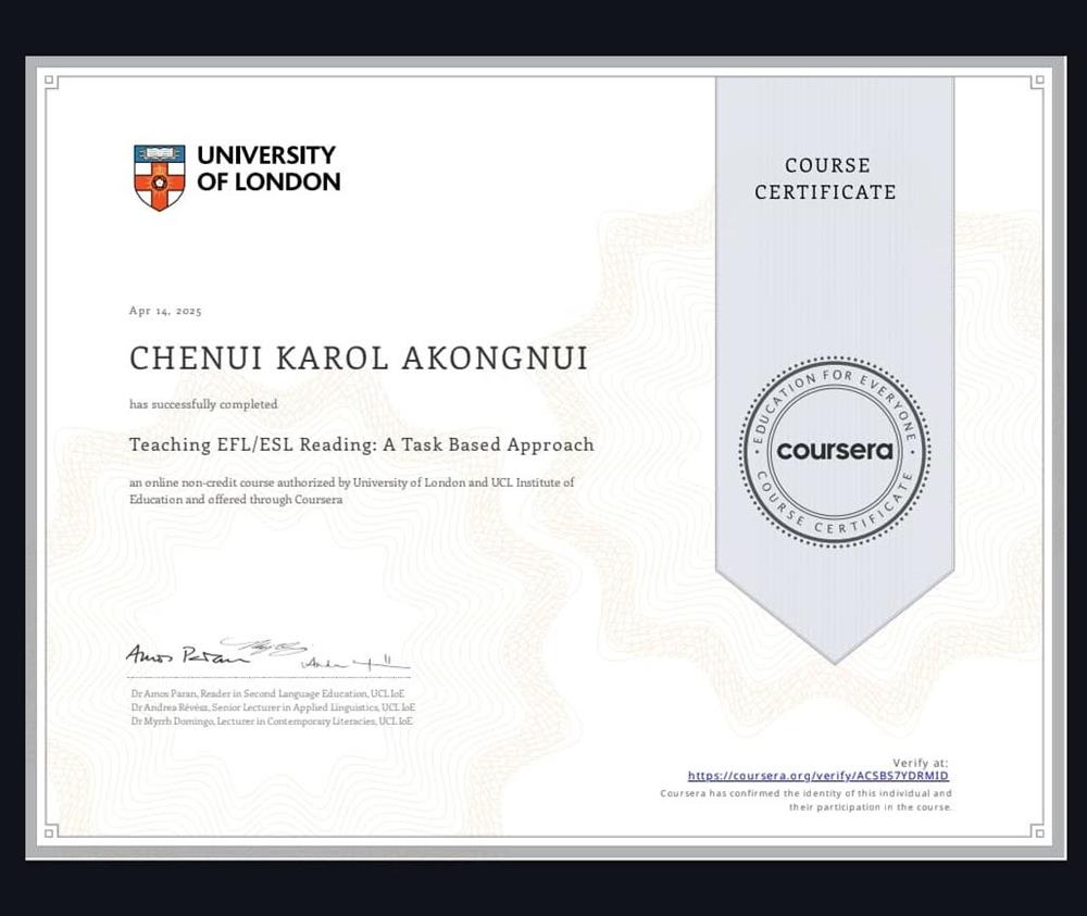 Teachig EFL certification from the university of London 
