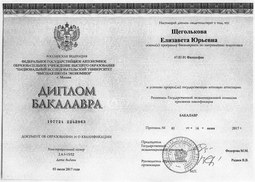 Диплом бакалавра (2017 г.), специальность -- философия