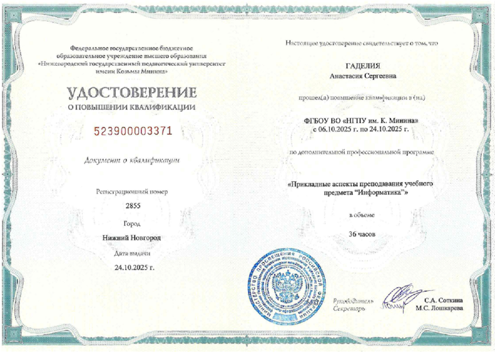 Удостоверение о повышении квалификации, г. Нижний Новгород, 2025г.