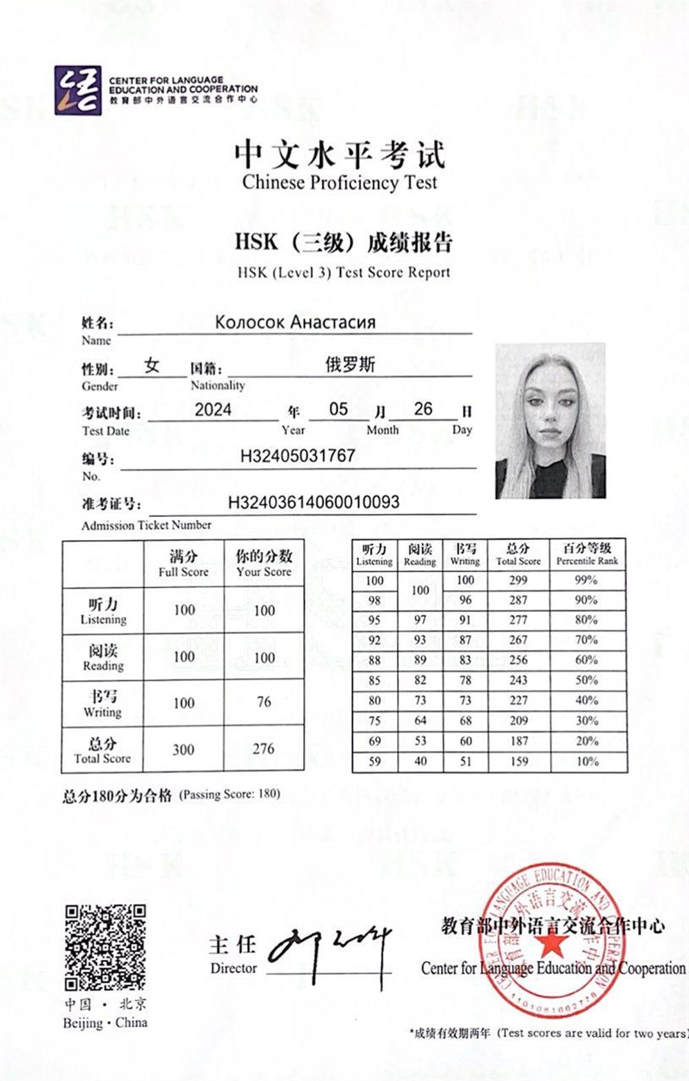 Сертификат, подтверждающий владение китайским языком на уровне HSK3