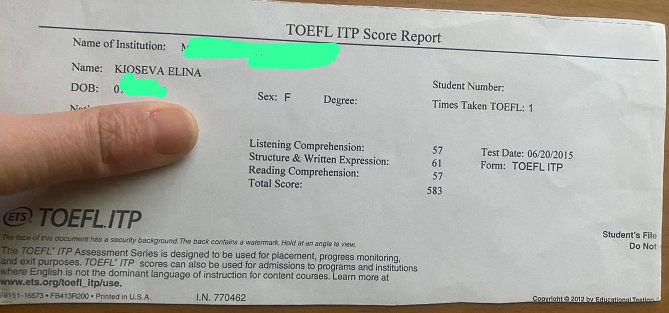 TOEFL сертификат, фамилия указана до брака 